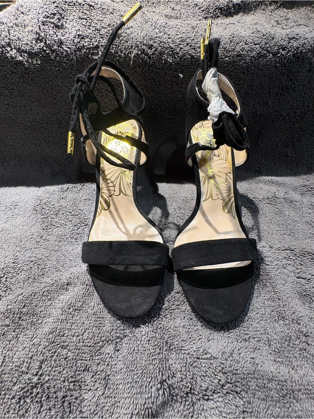 Qupid Black Suede Lace-Up Open-Toe Heels